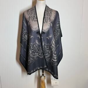 Gray Cream Shawl Cape Reversable With Feather Tassels NWT